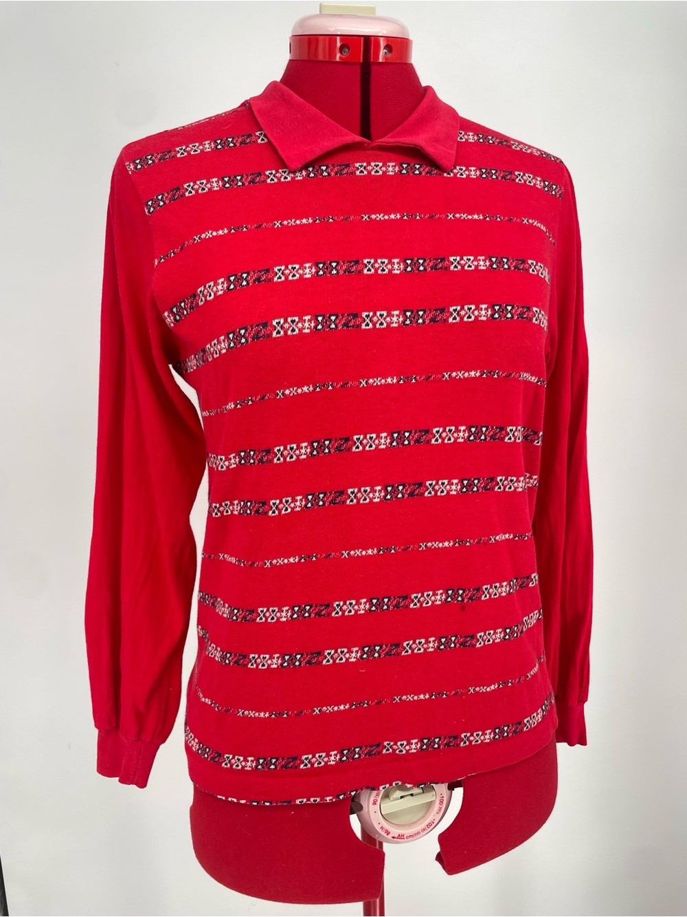VTG 60s 70s Red Collared Long Sleeve Knit Tee Lightweight W Geometric Stripes